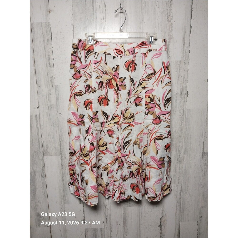 JM Collection Womens Skirt 12 White Pink Floral 100% Linen Flare Coastal Classic